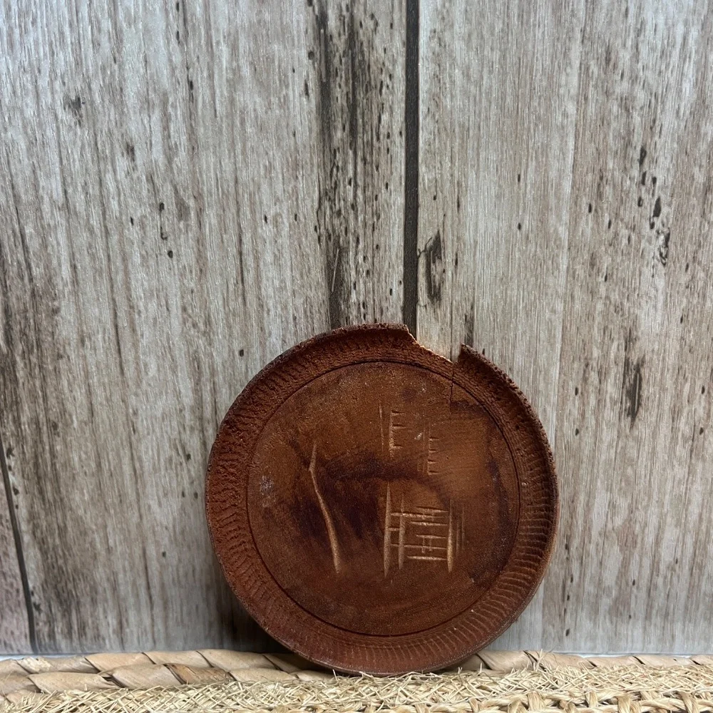 Vintage Coaster Set Asian Landscape Carved Wood Coasters w/ Holder Set of 8